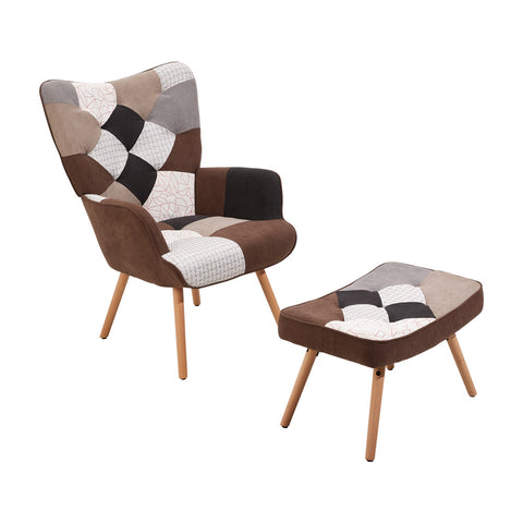 Colour Block Upholstered Wingback Armchair with Footstool, XY0436
