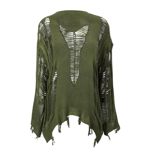 Hollow Out Distressed Oversized Knit Sweater with Long Sleeves, CC060210