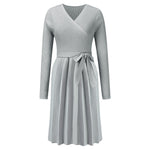 V-Neck Ribbed Pleated Knitted A-Line Sweater Dress, CC060395 (Ver.2)