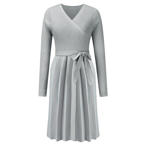 V-Neck Ribbed Pleated Knitted A-Line Sweater Dress, CC060393 (Ver.2)