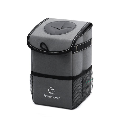 Foldable Car Trash Bin with Lid and Side Pockets, HU0006