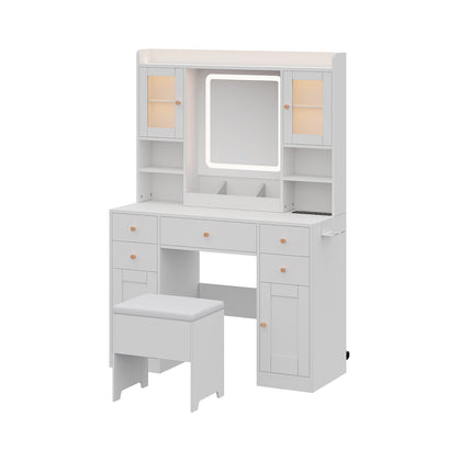 Dressing Table and Stool Set with LED Mirror and Built-in Electrical Outlet, FB490038FB490039FB490040
