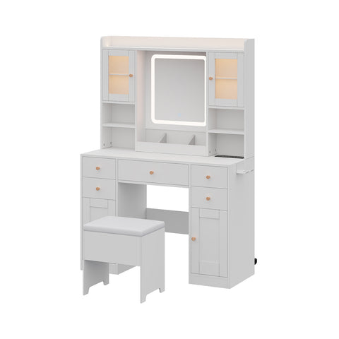 Dressing Table and Stool Set with LED Mirror and Built-in Electrical Outlet, FB490038FB490039FB490040