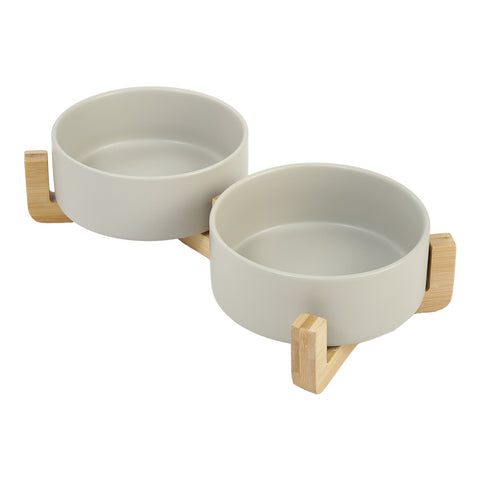Lifeideas Double Ceramic Cat Bowl with Bamboo Stand-Grey, WF0124