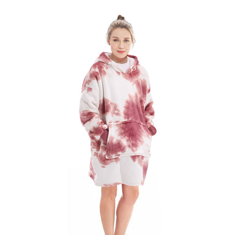 Sheonly Oversized Tie-dye Sherpa Blanket Hoodie with Front Pocket-Pink, SW0836