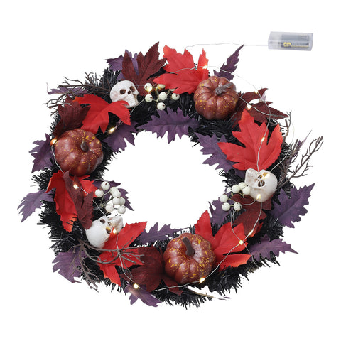 Livingandhome Halloween LED Maple Leaves Wreath with Skulls, SW0583