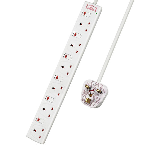 6 Way Socket with Cable 3G1.25, 2M, White, with indicate Light,  Individual Switches, Child-Resistant Sockets, Surge Indicator, AJ0939