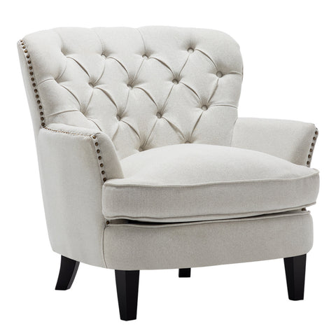 Livingandhome Classic Buttoned Back Linen Armchair with Wooden Legs, JM1497