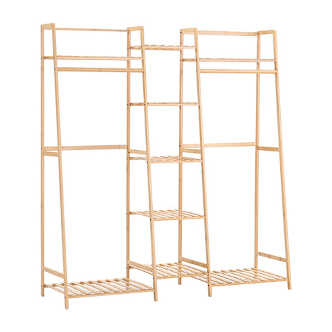 Livingandhome Bamboo Trapezoid Clothing Rack with 5-Tier Storage Shelves Multi-Functional Clothes Hanging Rack Stand, SW0375