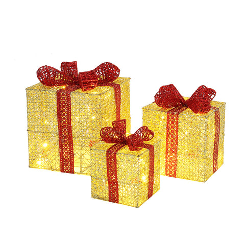 3PCS Christmas Present Metal Gift Boxes with LED Light Bowknot Decor, SC0011