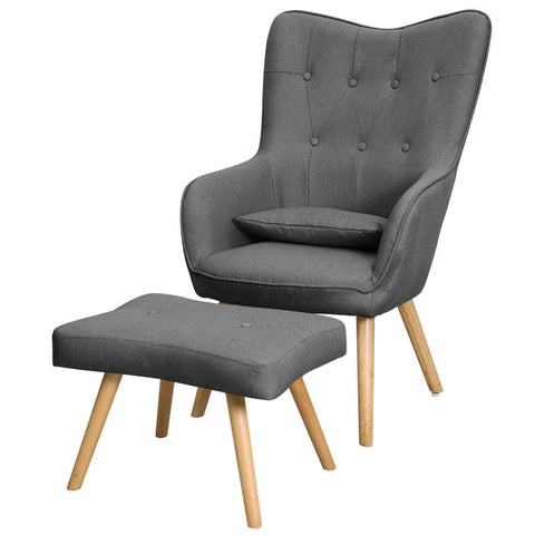 Livingandhome Classic Linen Oak Wood Legs Leisure Armchair with Cushion and Footstool, JM0427