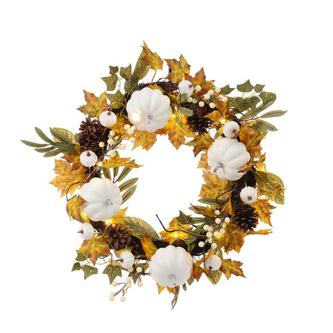 Livingandhome Farmhouse Harvest Halloween Wreath with Artificial White Pumpkins, SW0215