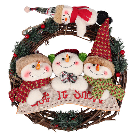 Livingandhome 29cm Christmas Handcraft Wicker Wreath with Xmas Snowman Dolls, CD0386