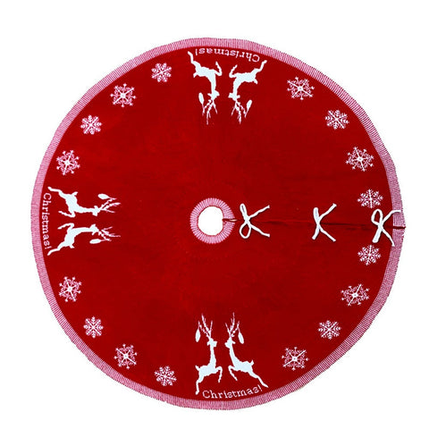 Rustic Red Knitted Double-Sided Christmas Tree Skirt with Snowflake and Reindeer Decor, CD0154