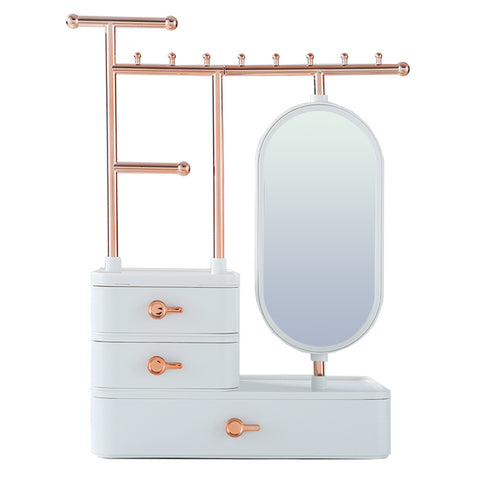 Livingandhome Jewelry Organizer with Rotating Mirror, Makeup Storage Box with Hanging Rod Necklace Earring Display, SW0345