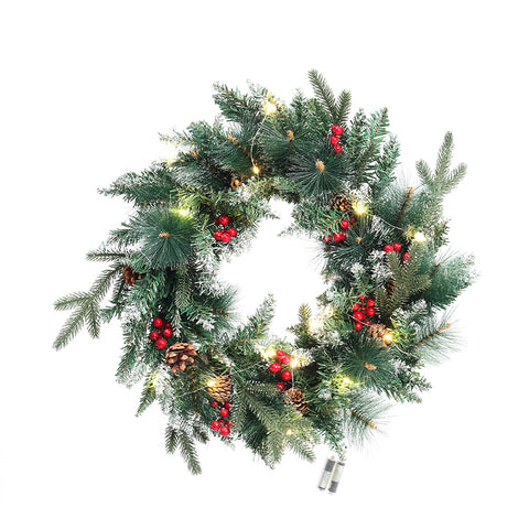 Frosted Pine Cone Red Berry Flower Wreath Christmas Decor with Lights, SC0141