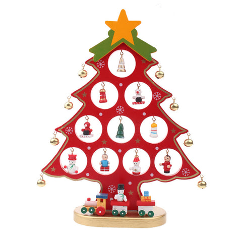 Mini Wooden 3D Christmas Tree With Snowman Bell Tabletop Ornament Decor, SC0020