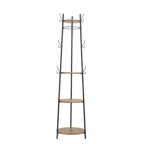 H&O Direct Wooden Freestanding Coat Rack with 3 Storage Shelves and 6 Hooks, YE0114