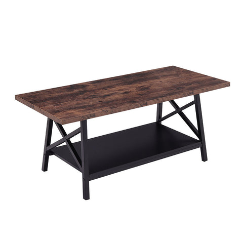 Livingandhome 2 Tier Industrial Style Coffee Table with Storage Shelf Rustic Wood with Metal Legs, MC0129