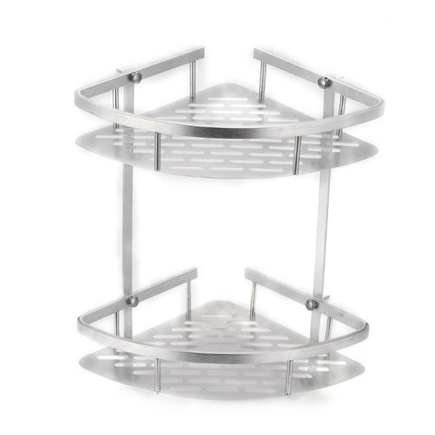 2 Tiers Bathroom Shelves Shower Storage No Drill Wall-Mounted Silver, WH0661