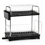 2 Tiers Kitchen Metal Dish Rack Dish Drainer with Removable Drainboard Black, WH0794