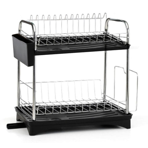 2 Tiers Kitchen Metal Dish Rack Dish Drainer with Removable Drainboard Black, WH0794