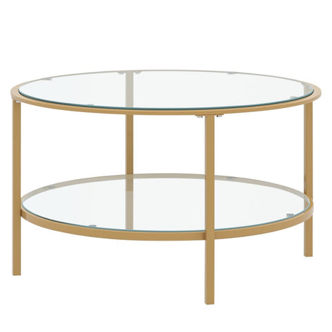 Livingandhome 2 Tier Round Glass Coffee Table Side Table Gold Frame, ZH1188