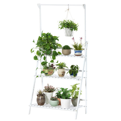 Livingandhome 3-Tier Foldable Wooden Ladder Shelf with Hanging Rod, SP2228