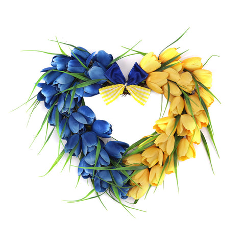 Livingandhome Artificial Blue and Yellow Tulip Wreath Heart-shaped Decor, SW0354
