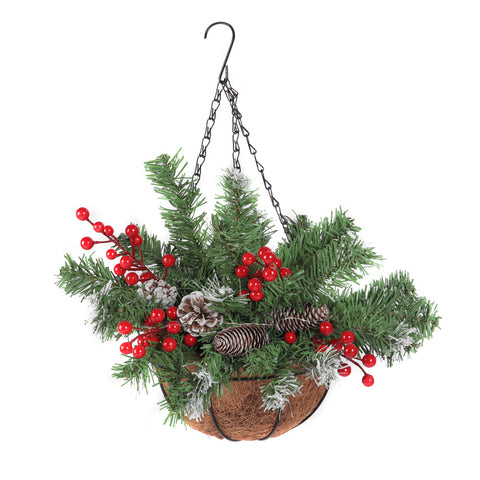 Livingandhome Pre Lit Artificial Christmas Hanging Basket with Frosted Pine Cone, CD0495