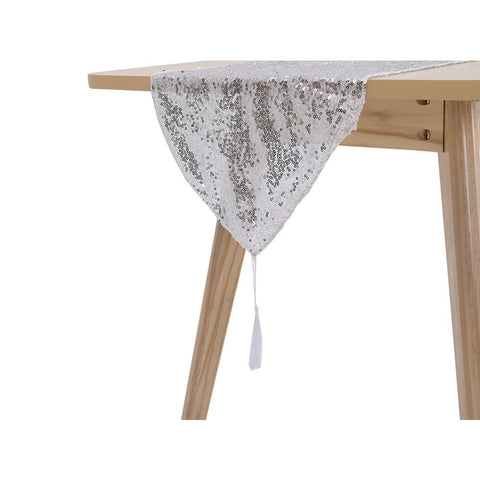 Sequin Table Runner Glittering Silver with Tassels for Holiday Decoration, CD0157