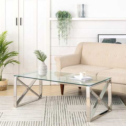 Livingandhome Modern Tempered Glass End Table with Chrome Base, ZH0893