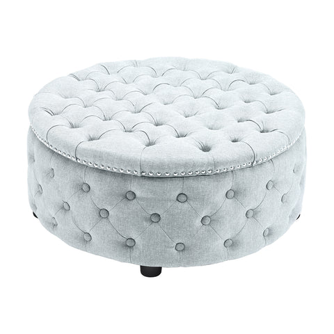Livingandhome Round Linen Deep Buttoned Ottoman with Studded Edge, ZH0830
