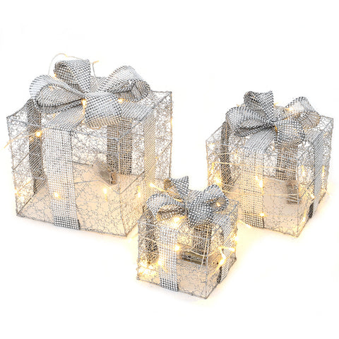 3PCS LED Light Fairy Festive Gift Sparkle Hollow Cube Silvery Iron Box Xmas Decor, SC0051