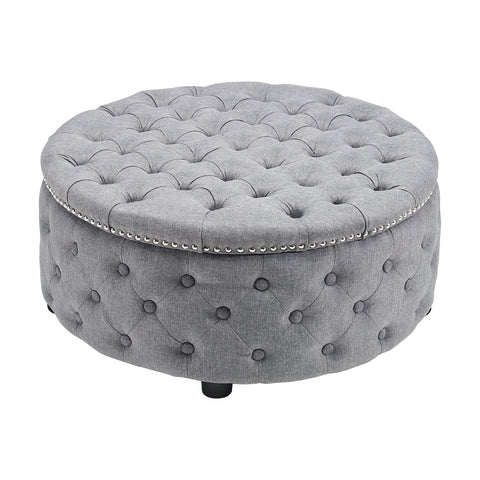 Livingandhome Round Linen Deep Buttoned Ottoman with Studded Edge, ZH0828