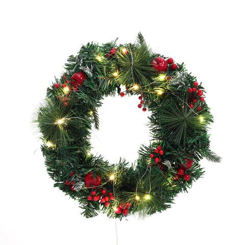Green Pine Red Berry Christmas Wreath with LED Light String, SC0131