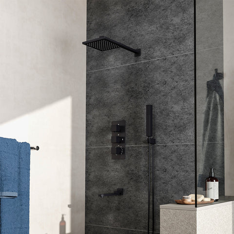 Livingandhome Black 3 Way Square Concealed Thermostatic Shower Mixer Set, FI0523